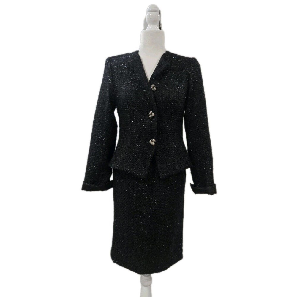 2 Piece Womens Tweed Black Wool Suit Size 6